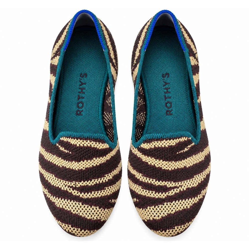 Rothy's Brown Cream Striped Knit Flats Women's 6 Ballet Shoes Blue Trim RARE